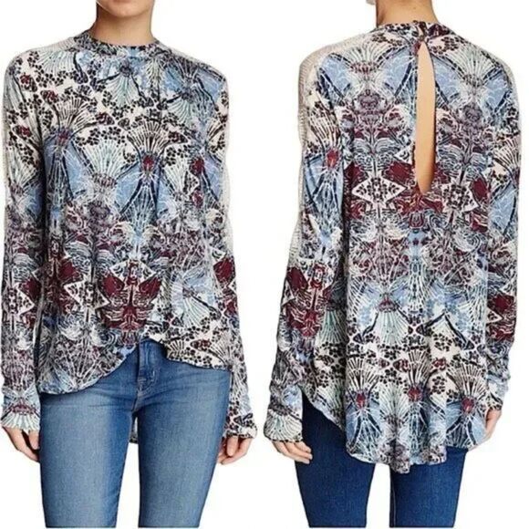 Free People New World Nouveau Lace Sleeve Mock Neck Top - Picture 1 of 9